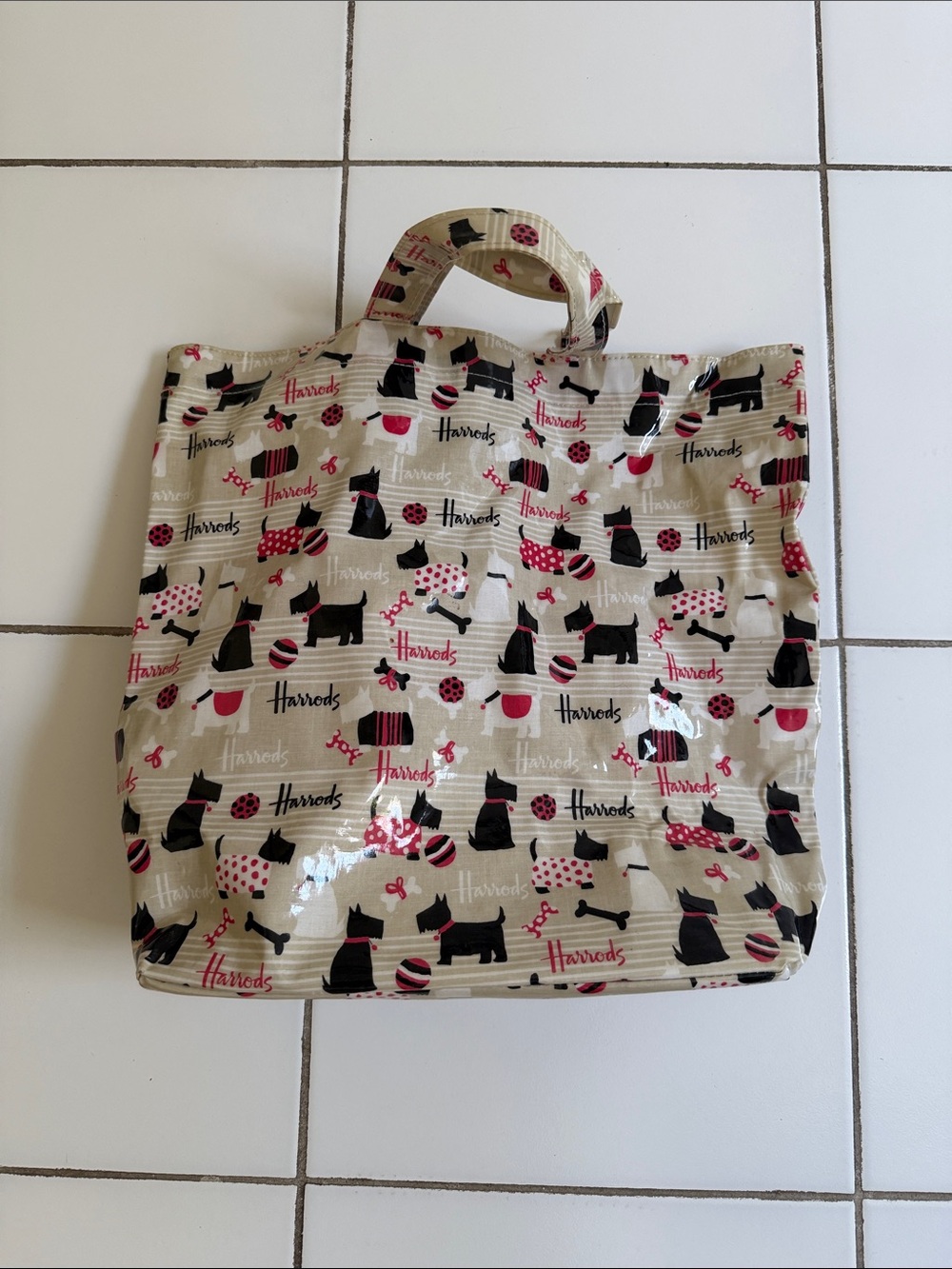 Harrods Beige Tote with Black Scottie and Pink Accents
